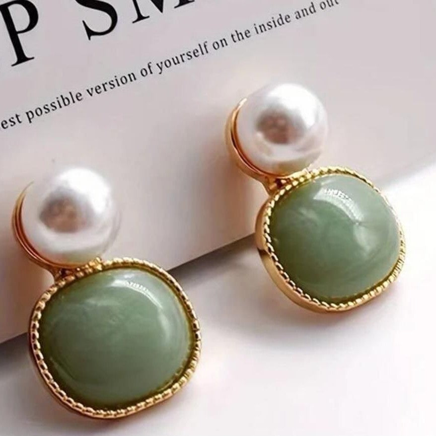 New Chinese Style Vintage Court Style Green Crystal Pearl All-match Stud Earrings - Novair-product name