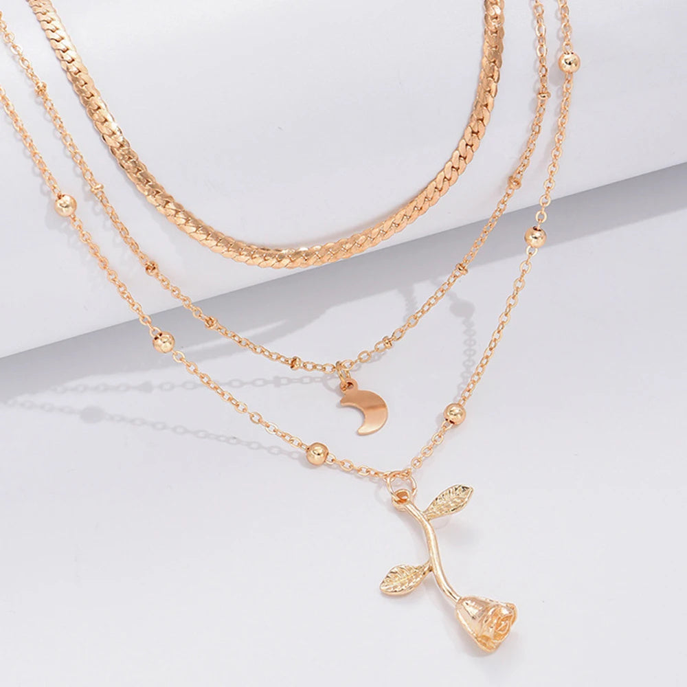 Bohemia Multilayer Moon Gold Color Pendant Necklaces For Women Rose Flower Choker Necklace 2025 Fashion Jewelry Party Gift Valentine's Day Gifts - Novair-product name