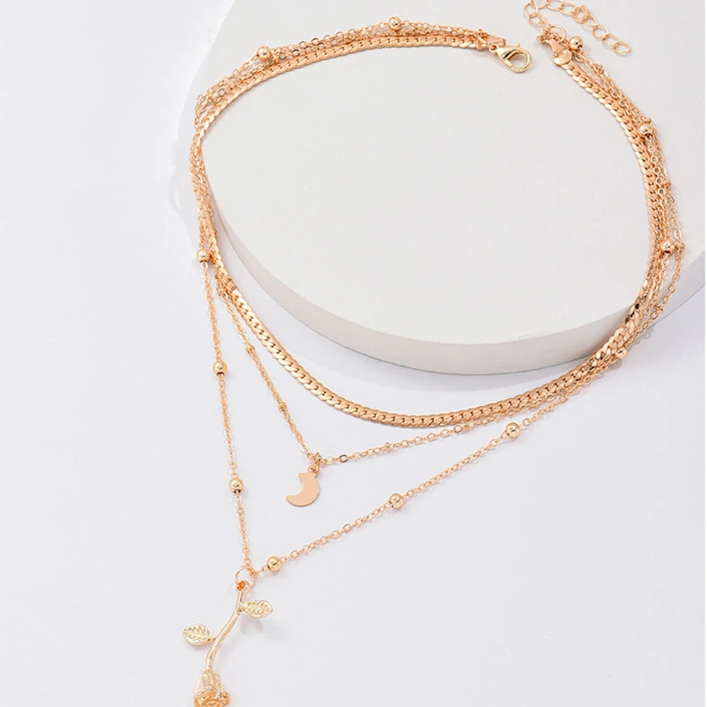 Bohemia Multilayer Moon Gold Color Pendant Necklaces For Women Rose Flower Choker Necklace 2025 Fashion Jewelry Party Gift Valentine's Day Gifts - Novair-product name