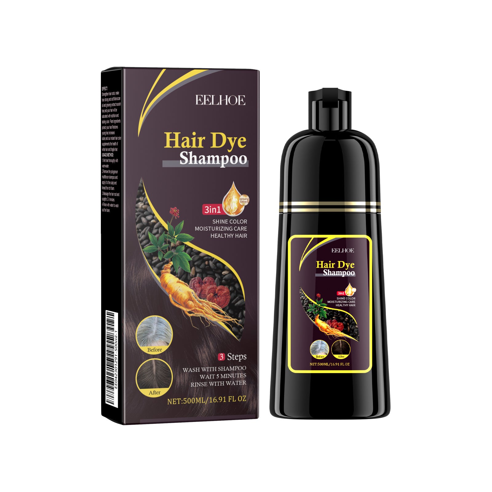 EELHOE Black Shampoo Natural Brown He Shou Wu Black Moisturizing Shampoo Cleansing & Repairing Softening Shampoo - Novair-product name