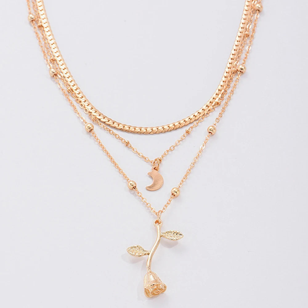 Bohemia Multilayer Moon Gold Color Pendant Necklaces For Women Rose Flower Choker Necklace 2025 Fashion Jewelry Party Gift Valentine's Day Gifts - Novair-product name