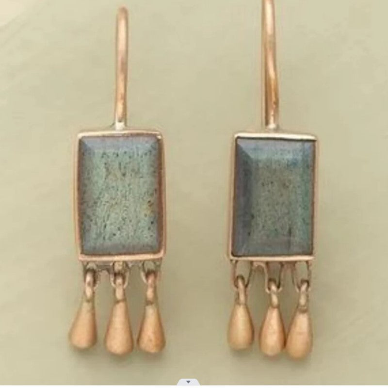 New Retro Geometric Inlaid Turquoise Tassel Earrings - Novair-product name