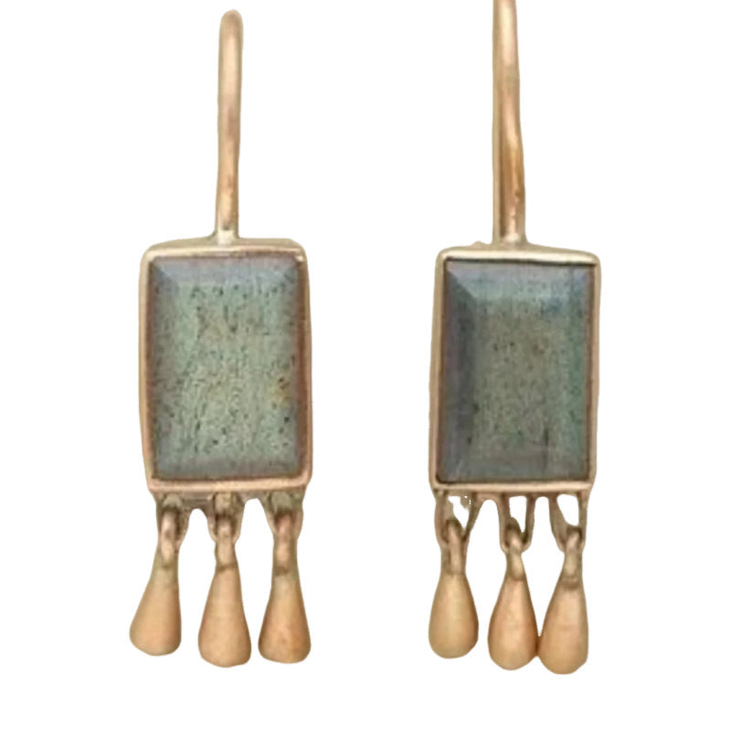 New Retro Geometric Inlaid Turquoise Tassel Earrings - Novair-product name