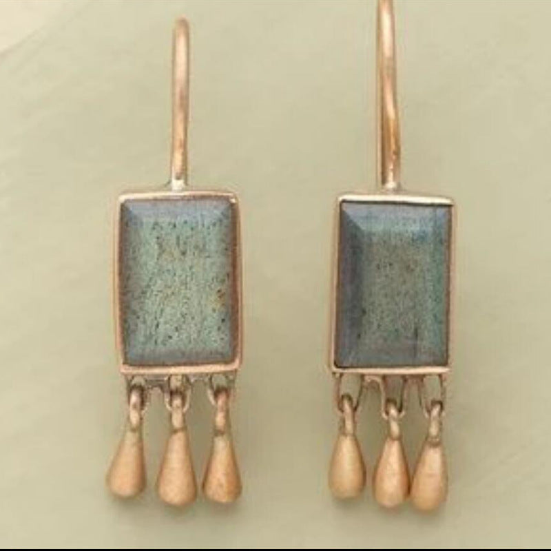 New Retro Geometric Inlaid Turquoise Tassel Earrings - Novair-product name