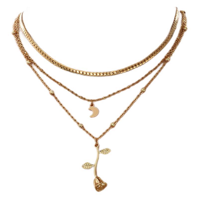 Bohemia Multilayer Moon Gold Color Pendant Necklaces For Women Rose Flower Choker Necklace 2025 Fashion Jewelry Party Gift Valentine's Day Gifts - Novair-product name