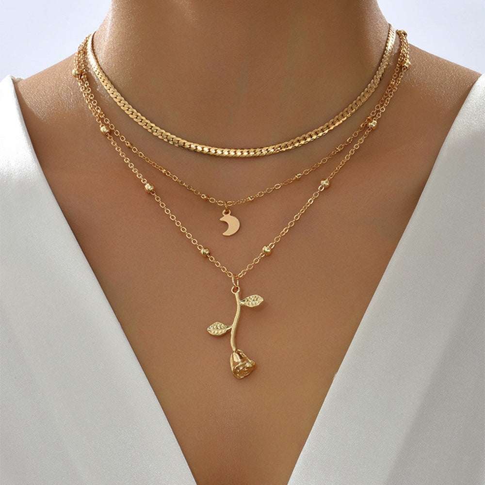Bohemia Multilayer Moon Gold Color Pendant Necklaces For Women Rose Flower Choker Necklace 2025 Fashion Jewelry Party Gift Valentine's Day Gifts - Novair-product name