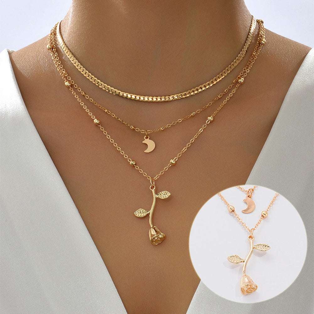 Bohemia Multilayer Moon Gold Color Pendant Necklaces For Women Rose Flower Choker Necklace 2025 Fashion Jewelry Party Gift Valentine's Day Gifts - Novair-product name