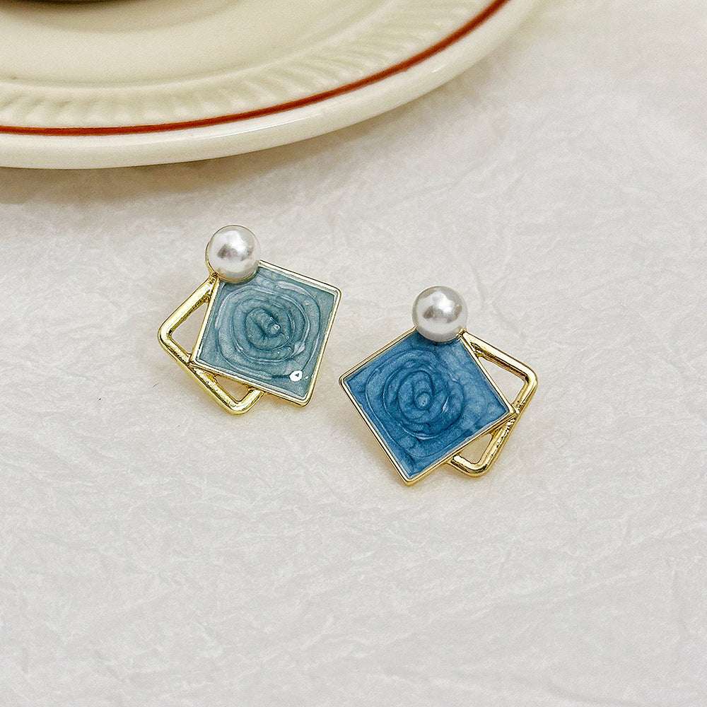 Geometric Drop Oil Contrast Color Haze Blue Ear Studs - Novair-product name
