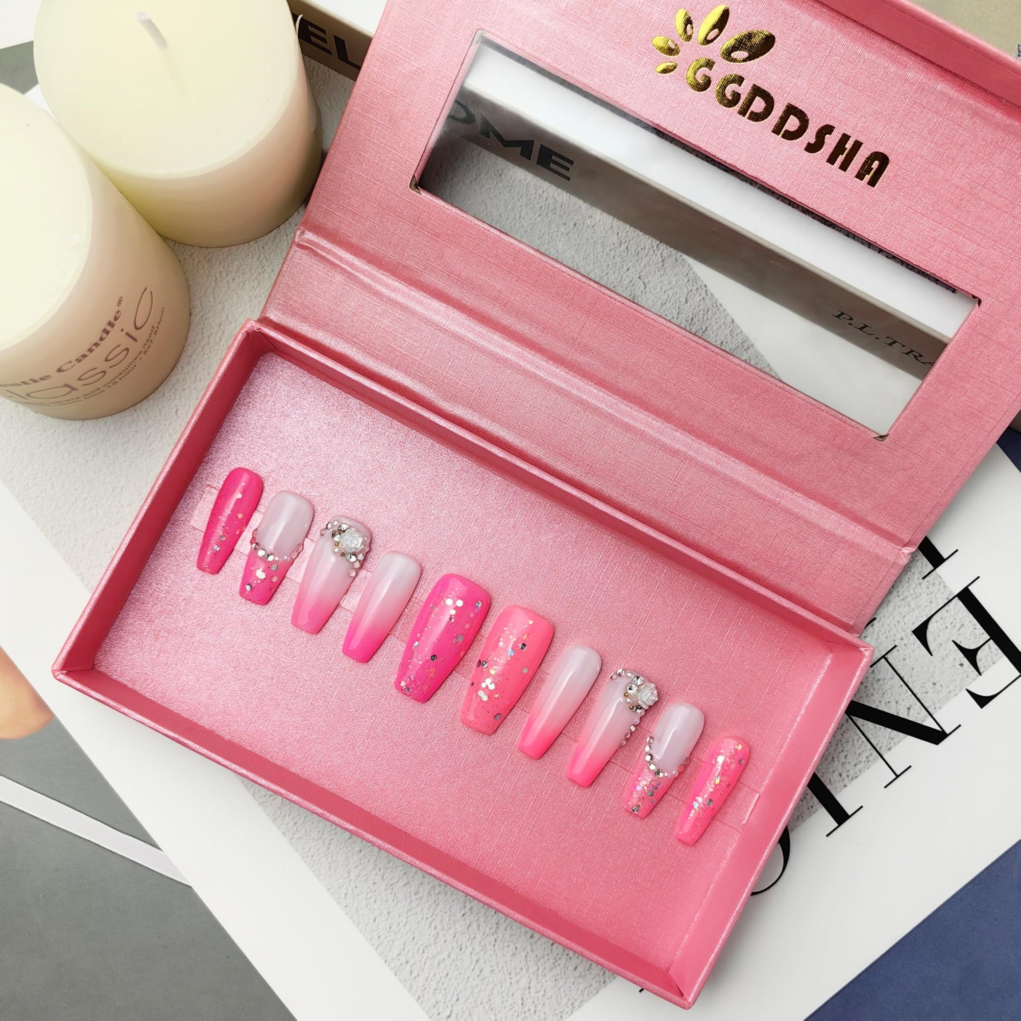 GGddsha Nails Handmade Pmma Acrylic Nails Press On NailsShort Reusable Fake False Nails Kit With Box Gifts ForWomen,Blush Elegance - Novair-product name