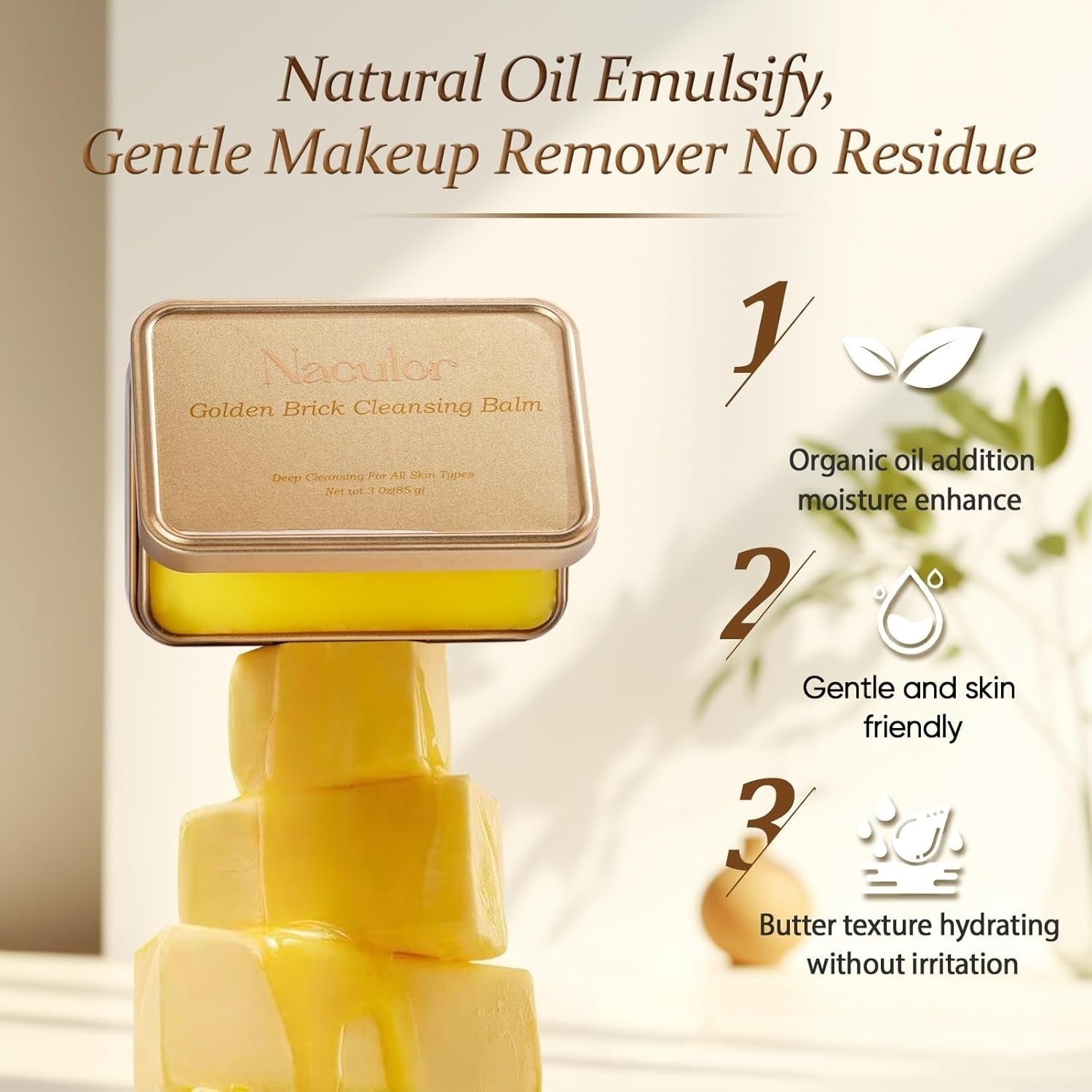 Golden Brick Cleansing Balm - Gentle Makeup Remover For Face Eyes Lips Deep Cleanse Nourishes Sensitive Skin - Novair-product name